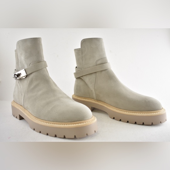 Hermes Jeff Ankle Boot Beige Galet Suede Goatskin Kelly Lock Buckle Palladium 40 - Picture 4 of 16